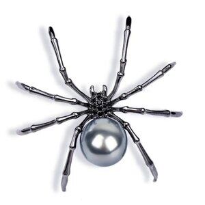 Gunmetal Silvertone Gray Black Spider Pin Brooch Gothic Halloween Faux Pearl